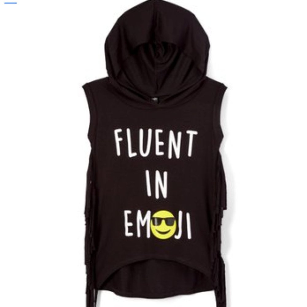 Girl's "Fluent in Emoji" Hooded Fringe Tank 9/10